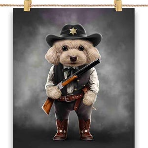 Shérif de chien caniche crème dans le Far West américain - impression d'affiche, art mural, décoration d'intérieur et carte postale - PrintStarTee