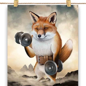 Renards musculation musculation avec haltères - impression d'affiche, art mural, décoration d'intérieur et carte postale - PrintStarTee