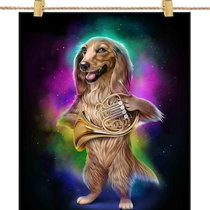 Cachorro Dachshund toca trompa francesa no espaço Galaxy Rainbow: escolha seu fundo favorito - impressão de pôster, arte de parede, decoração de casa e cartão postal