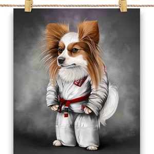 Papillon Dog Martial Artist in White Judogi: Judo & Karate - Impression d'affiche, art mural, décoration intérieure et carte postale - PrintStarTee