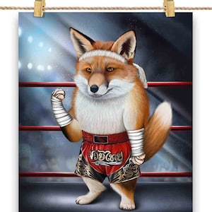 Renards en combattant de kickboxing Muay Thai - Impression d'affiche, art mural, décoration d'intérieur et carte postale - PrintStarTee