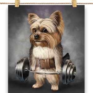 Entraînement musculaire pour chien Yorkshire Terrier avec Barbell Shrug Bar Fitness Gym - Impression d'affiche, art mural, décoration intérieure et carte postale - PrintStarTee