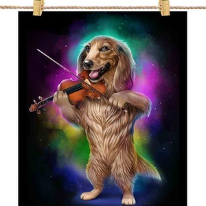 Teckel Dog Play Violin in Galaxy Rainbow Space : Choisissez votre arrière-plan préféré - Impression d’affiche, art mural, décoration intérieure et carte postale
