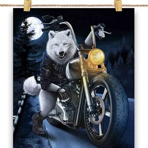 Loup chevauchant une moto chopper en pleine lune - Poster, art mural, décoration d'intérieur et carte postale - PrintStarTee