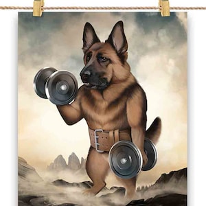 Monster German Shepherd Dog Carrying Dumbbell Exercise Fitness Gym - Impression d’affiche, Art mural, Décoration intérieure et Carte postale - PrintStarTee