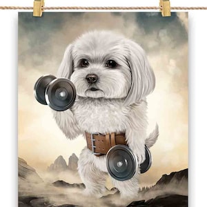 Allenamento muscolare del cane maltese sollevamento pesi con manubri - stampa di poster, decorazioni da parete, decorazioni per la casa e cartoline - PrintStarTee