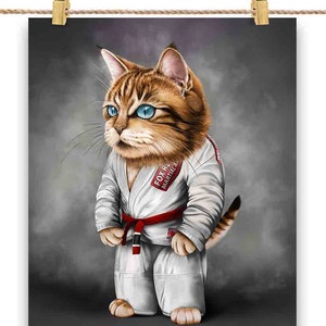 Artiste martial chat tigré orange en judogi blanc : judo et karaté - impression d'affiche, art mural, décoration d'intérieur et carte postale - PrintStarTee