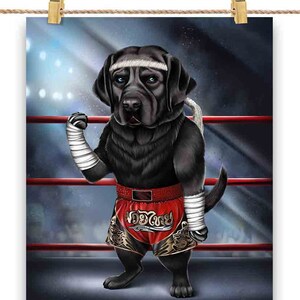 Black Labrador Retriever Dog en tant que combattant de Muay Thai Kickboxing - Impression d'affiche, art mural, décoration intérieure et carte postale - PrintStarTee