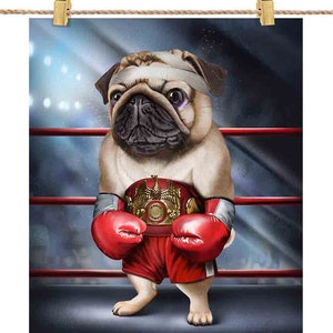 Pug Dog Boxer With Red Leather Boxing Gloves With Blank