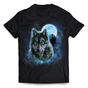 Grey Wolf Hunting Ground, Icy Moon, Forest, Galaxy - Short Sleeve Unisex, Men, Women, Youth T-Shirt - PrintStarTee