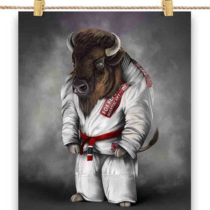 Bison Buffalo Bull, artiste martial en judogi blanc : judo et karaté - affiche, art mural, décoration d'intérieur et carte postale - PrintStarTee