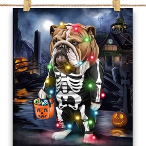 Bouledogue anglais en costume de squelette : déguisement de fête d'Halloween - Impression d'affiche, art mural, décoration intérieure et carte postale - PrintStarTee