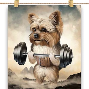 Musculation chien Yorkshire Terrier haltérophilie - impression d'affiche, art mural, décoration d'intérieur et carte postale - PrintStarTee