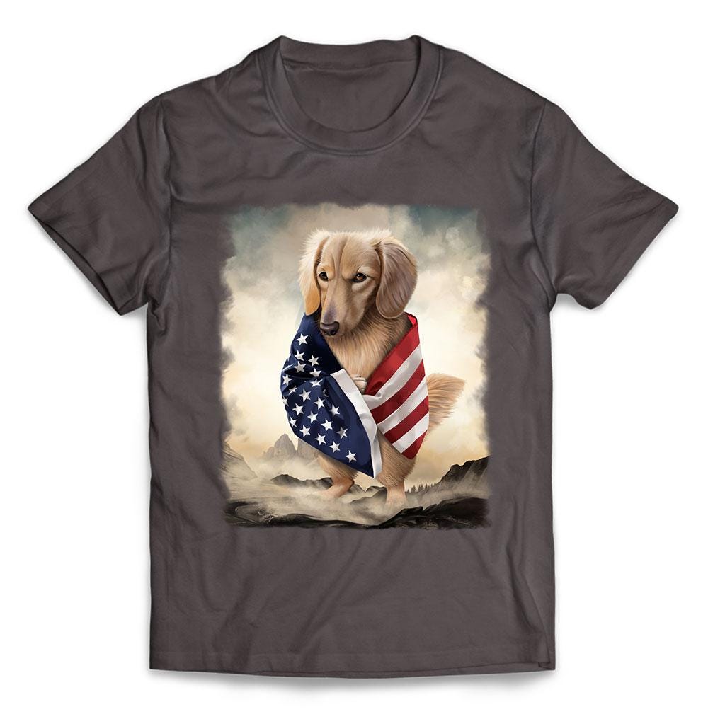 Titan Dachshund Dog Wrap in The Flag of USA Stand Tall Among Mountain - Short-Sleeve Unisex, Men, Women, Youth T-Shirt - PrintStarTee
