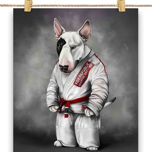 Artiste martial de chien Bull Terrier en judogi blanc : Judo et karaté - Impression d'affiche, art mural, décoration intérieure et carte postale - PrintStarTee