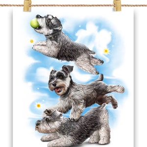 Schnauzer-Hunde-Trio spielen und fangen Ball in den Wolken - Poster, Wandkunst, Heimdeko und Postkarte von PrintStarTee