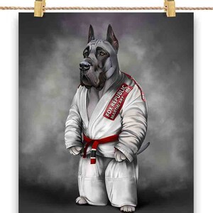 Artiste martial de chien Dogue Allemand bleu en judogi blanc : Judo et karaté - Impression d'affiche, art mural, décoration intérieure et carte postale - PrintStarTee