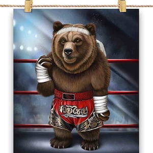 Grizzly Bear en tant que combattant de Muay Thai Kickboxing - Impression d’affiche, art mural, décoration intérieure et carte postale - PrintStarTee