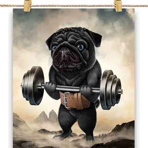 Black Pug Dog Muscle Training Haltérophilie - Impression d’affiche, Art mural, Décoration intérieure et Carte postale - PrintStarTee