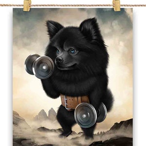 Haltérophilie d’entraînement musculaire de chien de Poméranie noire avec haltère - Impression d’affiche, art mural, décoration intérieure et carte postale - PrintStarTee