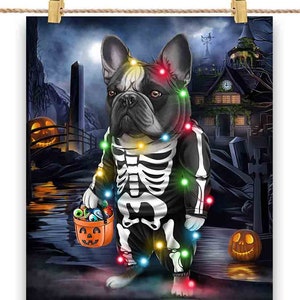 Bouledogue français en costume de squelette : déguisement de fête d'Halloween - impression d'affiche, art mural, décoration intérieure et carte postale - PrintStarTee