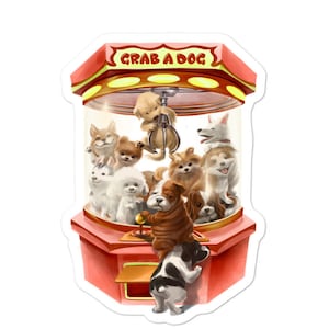 Schattige puppy hond in rode klauw machinespel - bubbelvrije stickers, laptopsticker, telefoonsticker, label of sticker, GRATIS VERZENDING