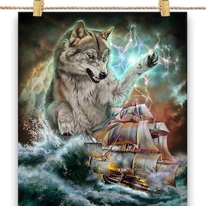 Monster Wolf tend une embuscade à un navire de la Royal Navy dans l'océan - impression d'affiche, art mural, décoration d'intérieur et carte postale - PrintStarTee