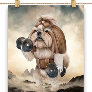 Shih Tzu Dog Muscle Training Haltérophilie avec haltère - Impression d’affiche, Art mural, Décoration intérieure et Carte postale - PrintStarTee