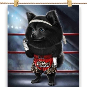 Chien noir de Poméranie en combattant de kickboxing Muay Thai - impression d'affiche, art mural, décoration d'intérieur et carte postale - PrintStarTee