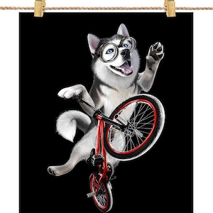 Chien husky sibérien à vélo exécute le tour de saut - impression d'affiche, art mural, décoration d'intérieur et carte postale - PrintStarTee
