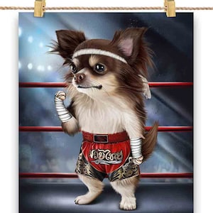 Chien chihuahua chocolat en combattant de kickboxing Muay Thai - impression d'affiche, art mural, décoration d'intérieur et carte postale - PrintStarTee