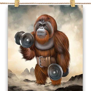 Entraînement musculaire d'orangs-outans avec haltères dans une salle de sport - Impression d'affiches, art mural, décoration d'intérieur et carte postale - PrintStarTee