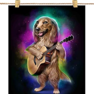 Cachorro Dachshund toca guitarra clássica no espaço Galaxy Rainbow: escolha seu fundo favorito, impressão de pôster, arte de parede, decoração de casa e cartão postal
