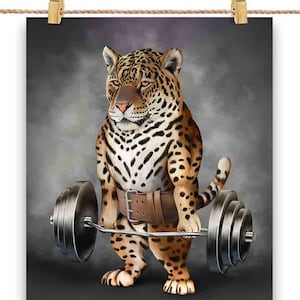 Entraînement musculaire du chat Jaguar avec haltères, barre d'épaules et salle de sport - Impression d'affiches, oeuvres d'art murales, décoration d'intérieur et cartes postales - PrintStarTee