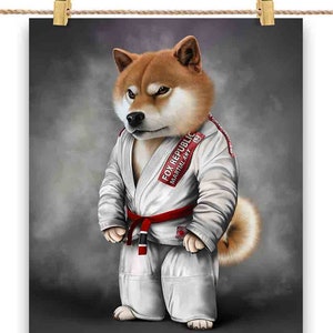 Champion d'arts martiaux chien shiba en judogi blanc - impression d'affiche, art mural, décoration d'intérieur et carte postale - PrintStarTee