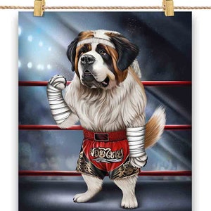 Chien Saint-Bernard en combattant de kickboxing Muay Thai - impression d'affiche, art mural, décoration d'intérieur et carte postale - PrintStarTee