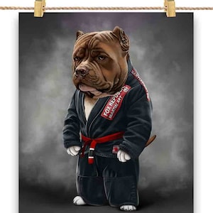 Tan Pit Bull Dog Martial Artist in Black Judogi: Judo & Karate - Impression d'affiche, art mural, décoration intérieure et carte postale - PrintStarTee