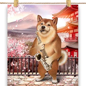 Chien shiba en kimono jouant du saxophone au jardin Sakura du mont Fuji - impression d'affiche, art mural, décoration d'intérieur et carte postale - PrintStarTee