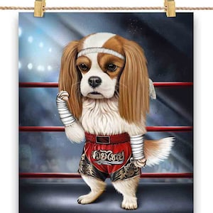 Chien épagneul en combattant de kickboxing Muay Thai - impression d'affiche, art mural, décoration d'intérieur et carte postale - PrintStarTee