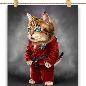 Artiste martial Orange Tabby Cat en judogi rouge : Judo et karaté - Impression d'affiche, art mural, décoration intérieure et carte postale - PrintStarTee
