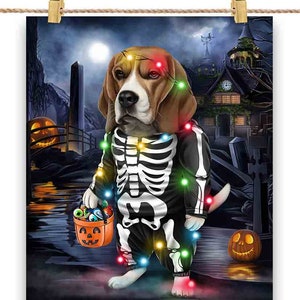 Chien beagle en costume squelette : déguisement de fête d'Halloween - impression d'affiche, art mural, décoration d'intérieur et carte postale - PrintStarTee