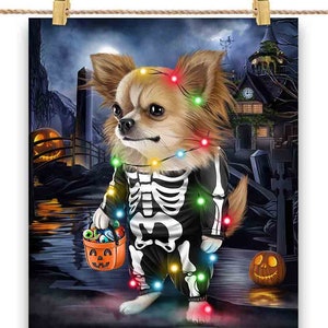 Chien chihuahua en costume squelette : déguisement de fête d'Halloween - impression d'affiche, art mural, décoration d'intérieur et carte postale - PrintStarTee