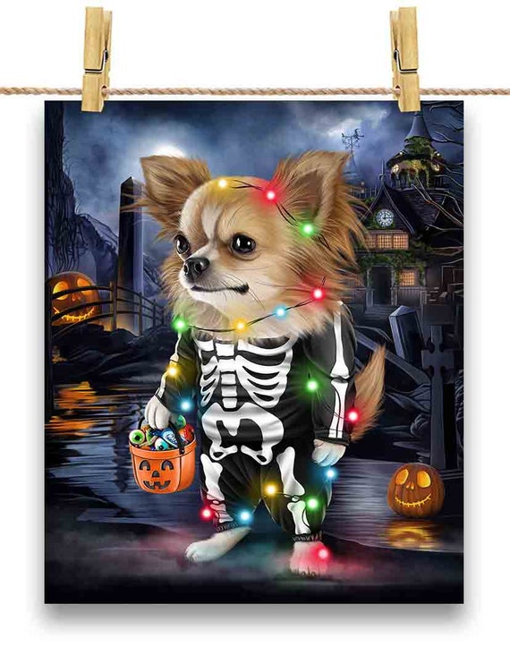 Chihuahua Dog in Skeleton Costume Halloween Party Dress up Poster