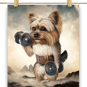 Musculation chien Yorkshire Terrier haltérophilie avec haltères - impression d'affiche, art mural, décoration d'intérieur et carte postale - PrintStarTee