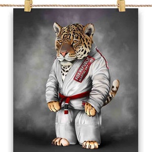 Artiste martial Jaguar Cat en judogi blanc : Judo et karaté - Impression d’affiche, art mural, décoration intérieure et carte postale - PrintStarTee