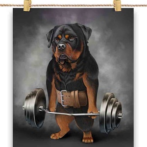 Rottweiler Dog Lift Barbell Shrug Bar Exercise Fitness Gym - Poster Print, Wall Art, Home Decor, and Postcard - PrintStarTee