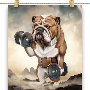 Bulldog anglais entraînement musculaire haltérophilie avec haltère - impression d'affiche, art mural, décoration intérieure et carte postale - PrintStarTee