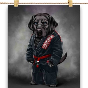Artiste martial de chien Labrador Retriever noir en judogi noir : Judo et karaté - Impression d'affiche, art mural, décoration intérieure et carte postale - PrintStarTee