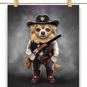 Chien chihuahua shérif dans le Far West américain - impression d'affiche, art mural, décoration d'intérieur et carte postale - PrintStarTee
