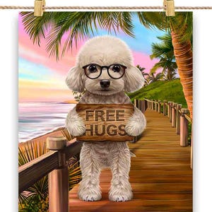 Chien caniche crème tenant une pancarte boisée câlins gratuits à la plage d'Hawaï - impression d'affiche, art mural, décoration d'intérieur et carte postale - PrintStarTee